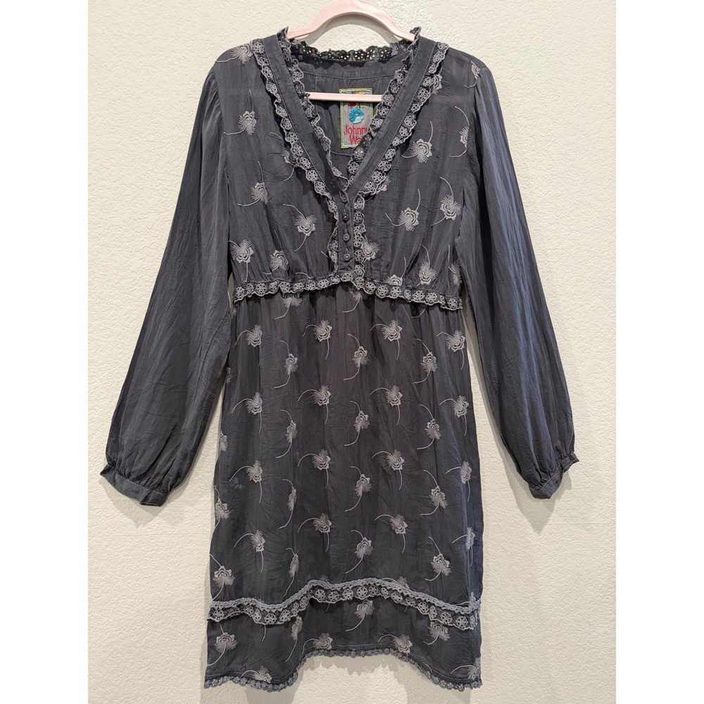 Johnny Was Embroidered Mini Dress Gray Medium Boho Lightweight Y2K Victorian